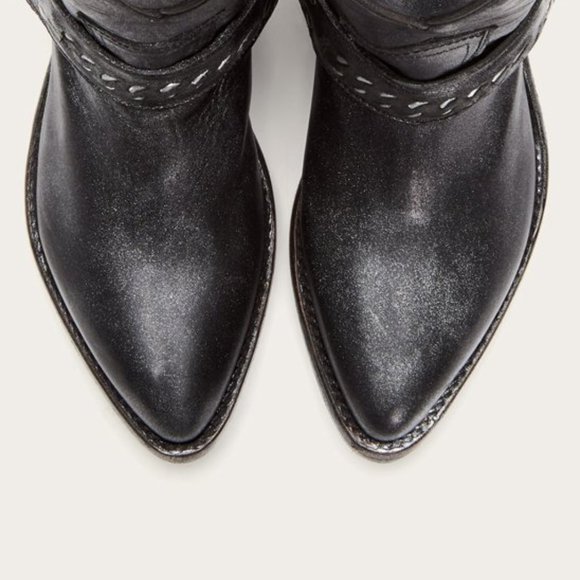 $429 Frye Billy Metallic Silver Chain Black Leather Cowboy Motorcycle Ankle Boot - Picture 2 of 16